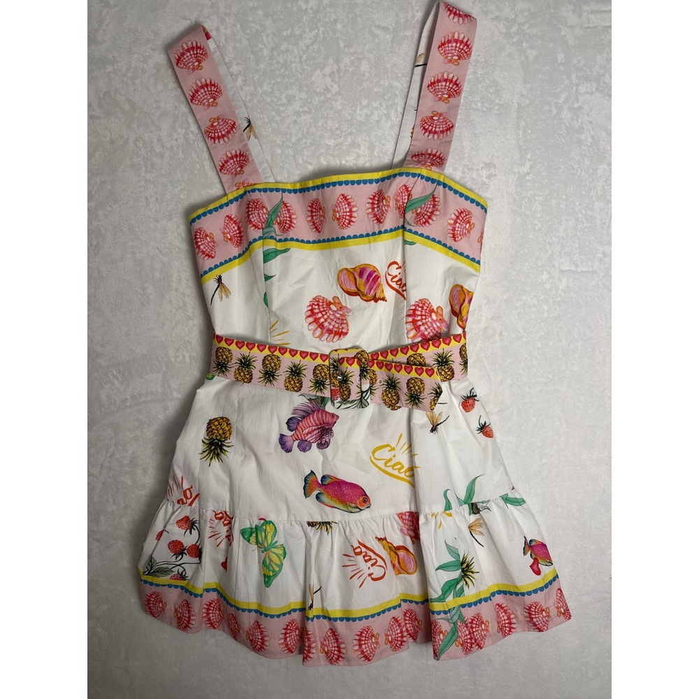Amanda Uprichard Women White Tropical Fish Pineapple Belted Mini Romper Size M